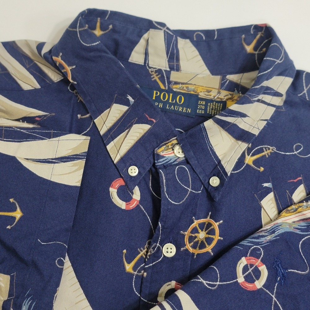 NWT Polo Ralph Lauren Mens 2XB Blue Nautical Sailboat Anchor AOP Button Up Shirt